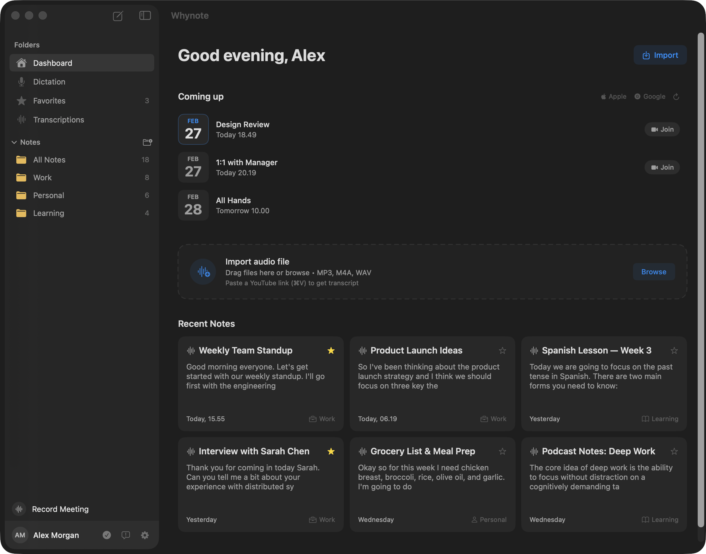 Whynote macOS app dashboard